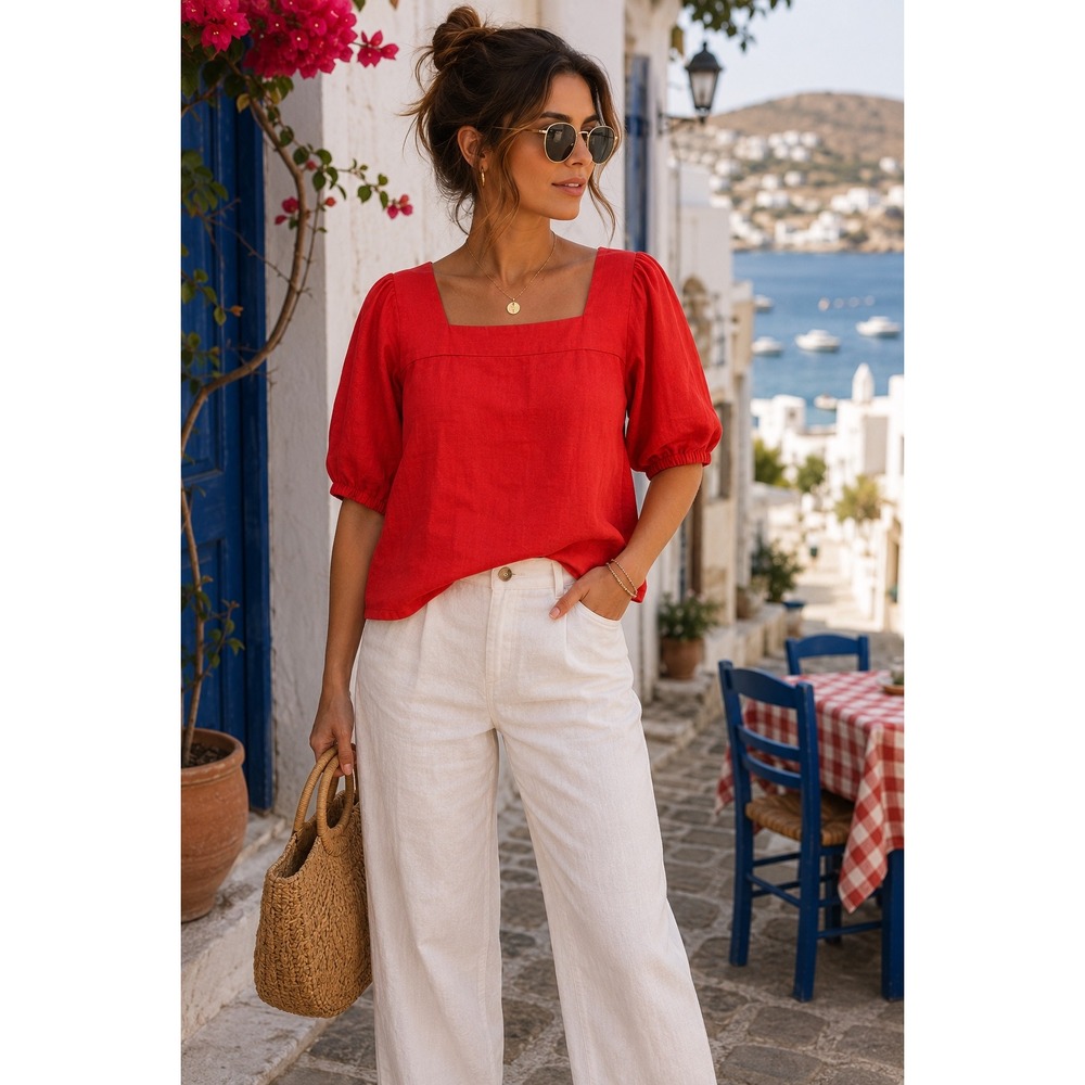 Garnet Hill Women's Size 12 Red Linen Square Neck Puff Sleeve Cropped Blouse